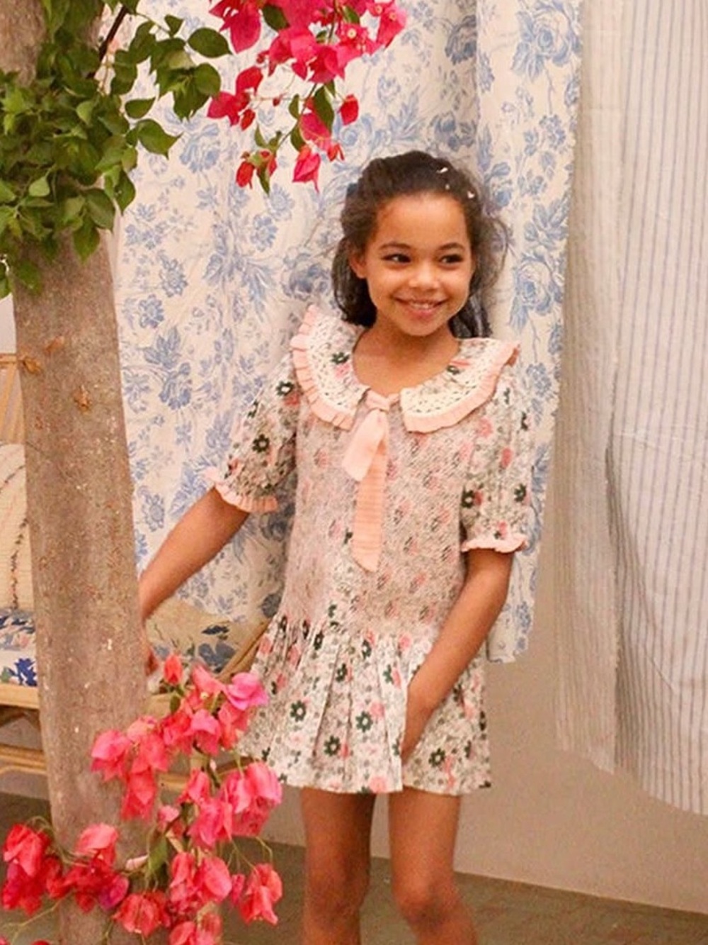 Bonjour diary prairie tie tunic Girls' Pink Floral Ruffle Collar Dress Top